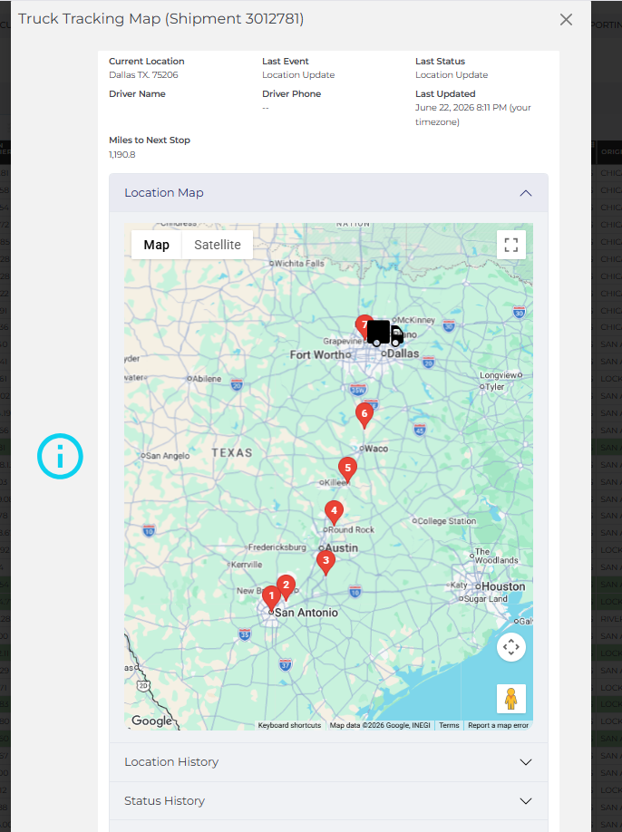 Real-Time GPS Tracking — TMS truck route screenshot